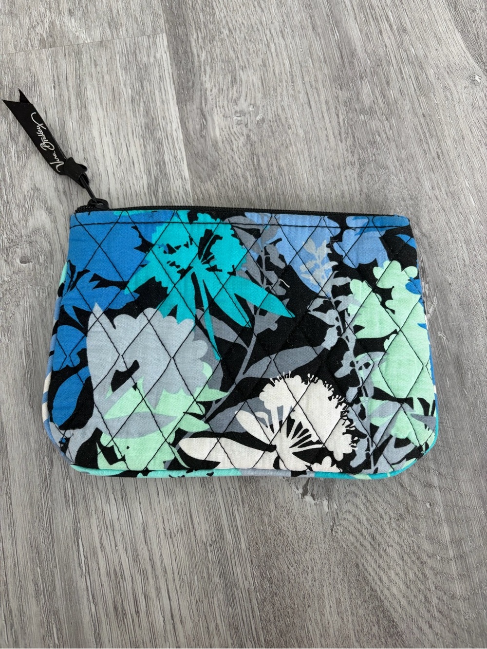 Vera Bradley Quilted Floral Zip Cosmetic Pouch in Blue, Mint & Black